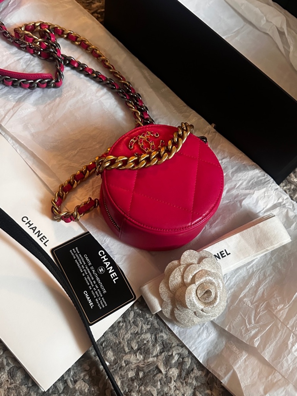 CHANEL Hot Pink Quilted Round Mini Crossbody with Gold Chain - Picture 14 of 16